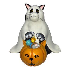 Cat Ghost Trick or Treater Shelf Sitter Figurine with Pumpkin Treat Bucket 2002